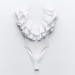 Zara Ruffled Rib Bodysuit White Size Small NWT
